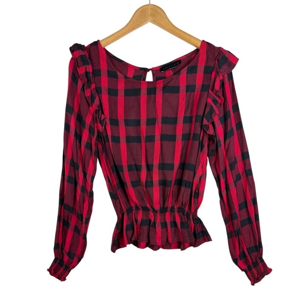 NWT Sanctuary Millie Ruffle Plaid Peplum Top Size XS Red Black Womens